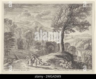 Jozef aide Maria van de Izel, Herman van Swanevelt, 1643 - 1655 print dans un paysage montagneux avec des fêtes dans les arbres, Joseph aide Maria van de Izel, tandis qu'un ange tient la tête de l'âne. Derrière l'âne, un deuxième ange prend soin de Christ, enveloppé dans un tissu sur le sol. La gravure de papier de Paris repose sur le vol en Egypte Banque D'Images