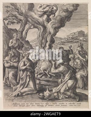 Sacrifice de Noé après le déluge, Raphaël Sadeler (I), après Maerten de vos, 1580 print après le déluge, Noé et sa famille sacrifient un taureau sur un autel. Dieu approuve le sacrifice et apparaît dans le ciel. La quatrième gravure d'une série de neuf parties avec des scènes de l'ancien Testament. Gravure sur papier Cologne / gravure sacrifice de Noé ; divers animaux sont offerts, peut-être un agneau, une colombe et un bélier (souvent combinés avec l'arc-en-ciel de l'alliance). Dieu le Père comme vieil homme barbu, généralement avec couronne ou tiare ou sceptre et/ou globe Banque D'Images