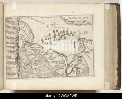 Attaque contre québec, 1690, 1693 - 1696 imprimer attaque de navires anglais contre les Français dans la ville de Québec, l'attaque est repoussée, 16-22 octobre 1690. Carte de Québc et environs avec la flotte anglaise sur le Saint Lawrencerivier pour la ville. Partie de la cinquième partie (1696) de l'ouvrage dans lequel les huit parties des Forces de l'Europe sont publiées entre 1693 et 1697. L’œuvre imprimée est composée de 175 planches avec des plans (de Sébastien le Prestre, Seigneur de Vauban) de villes fortes et de forteresses renommées de la guerre de neuf ans. Titre et inscriptions en français. Imprimeur : Francepubl Banque D'Images