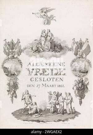 Allégorie et calligraphie sur la paix d'Amiens, 1802, Jacob Ernst Marcus, d'après Reinier Wiensis, 1802 imprimer allégorie sur la paix fermée à Amiens le 27 mars 1802, entre la République batave et la France et la Grande-Bretagne. Au-dessus du titre calligraphique se trouvent la paix et la fermeté (avec un portrait de Napoléon). Au-dessus de ce groupe, la renommée vole avec la branche de palmier et les armes de la République française et de la Grande-Bretagne. Au fond, la force bat la tromperie et la vertu dirige la richesse et la science vers la paix. Sur les côtés, les conséquences de la paix. A gauche, l'épanouissement de la com Banque D'Images