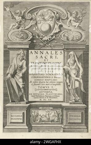 Page de titre pour Annales Sacri - Premier livre, Theodoor Galle, d'après Pierre Paul Rubens, 1620 estampe Centrale à un cadre rectangulaire le titre latin du livre. De chaque côté de ce cadre Moïse et Aaron, en tant que représentants de la loi et des prophètes. Centrale au sommet d'un cartouche la sainte trinité. Dans un cartouche en haut à gauche de l'Arche de Noé, symbole de la justice de Dieu. Dans un cartouche en haut à droite du sacrifice de Noé, symbole de la paix de Dieu. Sous le cadre rectangulaire avec le titre une représentation du Christ que l'apôtre Pierre les clés du Royaume de Heave Banque D'Images