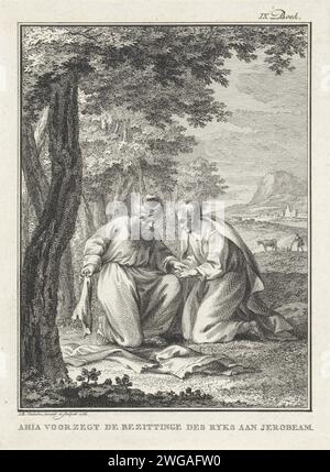 JeroBeam et le prophète Achia, Reinier Vinkeles (I), 1768 imprimer le prophète Achia a déchiré son manteau en douze morceaux et remet dix morceaux à JeroBeam. La cape déchirée symbolise la scission du peuple juif. JeroBeam devint roi de dix des douze tribus. Amsterdam papier gravure / gravure rencontre de Jéroboam et du prophète Ahijah ; Ahijah rend son vêtement en douze morceaux, dont dix il donne à Jéroboam Banque D'Images