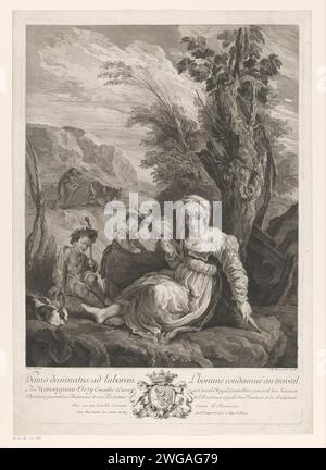 Homme condamné à travailler, Simon Henri Thomassin, d'après Domenico Feti, 1709 - 1741 print Paysage avec au premier plan une femme avec spintol près d'un arbre et à côté de ses deux enfants. Un homme laboureur en arrière-plan. Broche de gravure de papier Paris. champ labouré. Les travaux d'Adam et Ève ; l'enfance de Caïn et Abel (Genèse 4:1-2) Banque D'Images