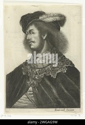 Portrait d'un jeune homme avec un béret avec une plume sur la tête, Salomon Savery, d'après Rembrandt van Rijn, c. 1633 estampe Amsterdam papier gravure / gravure personnage historique anonyme représenté seul. homme adulte Banque D'Images