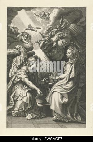 Annonciation, Theodoor Galle, d'après Pierre Paul Rubens, c. 1612 - c. 1616 imprimer Maria est assise sur une chaise. Elle reçoit la visite de l'ange Gabriël. Il lui dit qu'elle donnera naissance à un fils, appelé Christ. Différents anges au sommet des nuages. Le Saint-Esprit (un pigeon) tombe du ciel. L'estampe fait partie d'une série de scènes de l'ancien et du Nouveau Testament. Anvers gravure sur papier de l'Annonciation : Marie, habituellement en train de lire, est visitée par l'ange (parfois une femme surprend la conversation) Banque D'Images