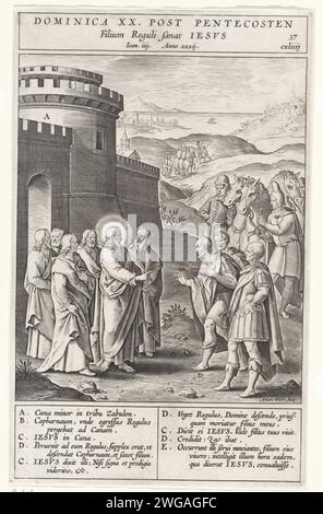 Le chef de Kafarnaüm demande de l'aide au Christ, Antonie Wierix (II), après Bernardino Passeri, 1593 print le chef de Kafarnaum supplie le Christ de guérir son serviteur malade qui est en train de mourir. Divers éléments de la performance sont des lettres qui correspondent à la légende dans la marge. Anvers papier gravure miracles du Christ  guérir les malades Banque D'Images