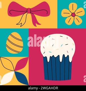 Objets colorés géométriques définis pour joyeuses Pâques. Gâteau de Pâques, oeuf et fleur. Illustrations vectorielles de vacances minimalistes à la mode Illustration de Vecteur