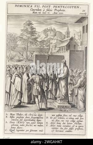 Valse Profiten, Antonie Wibix (II), d'après Bernardino Passeri, 1593 imprimer le faux prophète [un loup prédateur en tenue de mouton], qui se tient sur un piédestal avec un loup, prêche au milieu du peuple. Divers éléments de la performance sont des lettres qui correspondent à la légende dans la marge. Papier Anvers gravure de faux prophètes dans les vêtements de brebis  parabole du bon berger (Matthieu 7:15) Banque D'Images