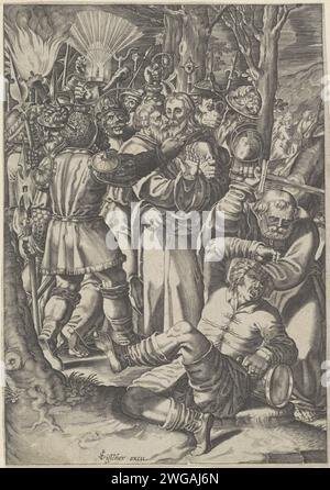 Collection du Christ, Bartholomeus Willemsz. Dolendo (possiblement), 1601 - 1652 print Judas embrassa Christ sur la joue pour indiquer que c'est l'homme qui doit emprisonner les soldats. Au premier plan, Pierre lève son épée pour frapper Malchus son oreille. Amsterdam gravure sur papier le baiser de Judas : accompagné de soldats avec des torches et des lanternes, il embrasse le Christ. Pierre tire son épée et coupe l'oreille de Malchus Banque D'Images