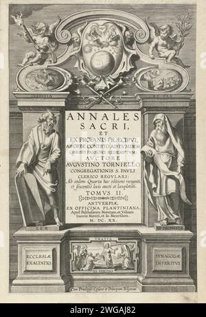 Page de titre pour Annales Sacri - deuxième livre, Theodoor Galle, d'après Pierre Paul Rubens, 1620 estampe Centrale à un cadre rectangulaire le titre latin du livre. De chaque côté de ce cadre Moïse et Aaron, en tant que représentants de la loi et des prophètes. Centrale au sommet d'un cartouche la sainte trinité. Dans un cartouche en haut à gauche de l'Arche de Noé, symbole de la justice de Dieu. Dans un cartouche en haut à droite du sacrifice de Noé, symbole de la paix de Dieu. Sous le cadre rectangulaire avec le titre une représentation du Christ que l'apôtre Pierre les clés du Royaume de Heavan Banque D'Images