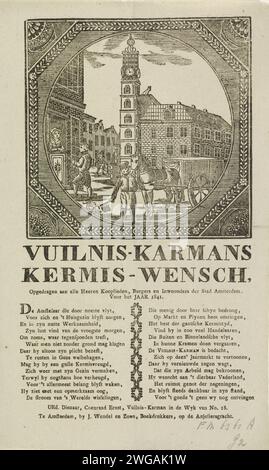 Foire des collecteurs d'ordures d'Amsterdam pour l'année 1841, Anonymous, 1841 imprimer KermisStrent des collecteurs d'ordures d'Amsterdam pour l'année 1841. Spectacle rond à l'intérieur d'un bord octogonal avec un visage au Munt à Amsterdam où un homme avec un rattel se tient devant un chariot à ordures. Un autre homme lève de l'argent dans une maison. Avec poème en deux colonnes. De la poubelle carman dans le quartier N ° 18 : Coenraad Ernst. Rue d'impression typographique papier Amsterdam. Collecte des ordures Amsterdam. pièce de monnaie Banque D'Images