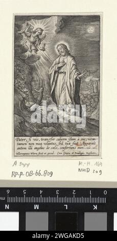 Christ à la cour de Getsémane, Hieronymus Wierix, 1563 - avant 1619 imprimer Christ prie à la cour de Getsémane. Un ange avec un calice apparaît du ciel. Ses élèves dorment en arrière-plan. Judas entre dans le jardin par la porte et les soldats pointent l'endroit où Christ prie. Dans la marge, une citation de Luc à trois-fit de la Bible. 22 en latin. Papier anversois gravant la prière du Christ dans le jardin de Gethsémani pendant la nuit Banque D'Images