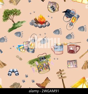 Motif multidirectionnel sans couture de camping d'aventure d'aquarelle sur fond de pêche Banque D'Images