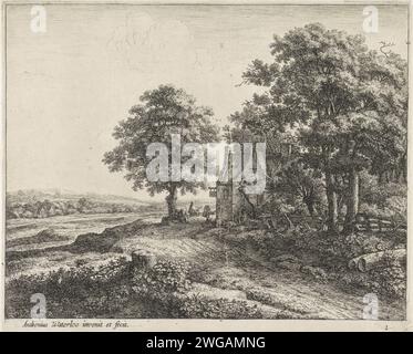 Grand Lindeboom pour une auberge, Anthonie Waterloo, 1630 - 1832 imprimer Une route de campagne mène à une auberge. Il y a quelques voyageurs devant l'auberge. À gauche du chemin se trouve un grand arbre de tilleul. Editeur : Amsterdam (possiblement)Editeur : Amsterdampublisher : Paris paper gravure Landscape. route, chemin. arbres : linden. auberge, café, maison publique, etc. 'en route', voyageur en route Banque D'Images