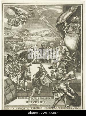 Page de titre pour l'europische Mercurius de 1750, 1750 imprimer page de titre pour le Livre commémoratif néerlandais de l'Europe Mercure, pour l'année 1750. Le prince Guillaume IV sur son trône, à ses pieds Mercure et toutes sortes de marchands étrangers. Du ciel, l'œil tout-voyant brille sur le stadholder. Imprimeur : Northern Netherlandspublisher : gravure sur papier de la Haye Banque D'Images