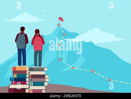 Illustration de dessin animé de jeune garçon et fille avec sac à dos debout sur la pile de livres sur le dessus de la roche regardant au sommet d'une montagne, éducation, fut Illustration de Vecteur