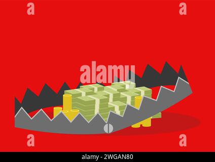 Illustration vectorielle de pile d'argent dans le piège à ours sur fond rouge, considérations pour prendre des prêts, gestion des risques financiers Illustration de Vecteur