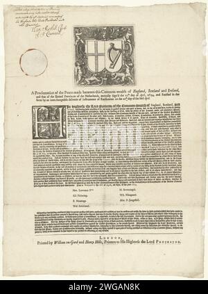 Proclamation officielle de la paix de Westminster, le 15 avril 1654, 1654 imprimer Proclamation officielle de la paix de Westminster, conclue le 15 avril 1654 entre les provinces-Unies et l'Angleterre, qui met fin à la première guerre anglaise. Feuille avec une impression d'une plaque avec les armes de l'Angleterre et de l'Irlande, texte en anglais commençant par une initiale décorée H (Hercule), sceau de peinture avec les armes de l'Angleterre et de l'Irlande et une annotation de H. Scobell, greffier du Conseil. Imprimeur : Angleterre (peut-être)imprimeur : Londonprinter : gravure sur papier de Londres / impression typographique Westminster Banque D'Images