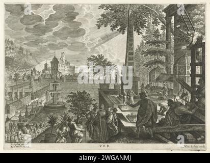 Lentement, Giles Sadeler (2), d'après Pieter Stevens (1), d'après Pieter Stevens (2), 1624 - v. 1650 estampe au premier plan, les serviteurs sont occupés à la construction d'un jardin de château. Ils plantent, sement, taillent et pondent des lits. Une élégante entreprise montres. Une joute en arrière-plan à gauche. Imprimeur : Praagpublisher : Venise gravure sur papier printemps  activités humaines (les quatre saisons de l'année). Printemps, 'Ver' ; 'Primavera' (Ripa) (+ avec des scènes montrant des occupations humaines  saisons et mois). aménagement du jardin. obélisques (ornements de jardin). pergola. Maison d'été, tonnelle, maison de jardin (néerlandais : 'theek Banque D'Images