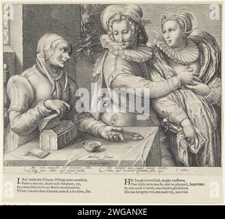 Jeune couple et une vieille femme avec une boîte à argent (amour inégal), Jan Saenredam, d'après Hendrick Goltzius, 1589 - 1607 imprimer Un jeune homme essaie d'éloigner une jeune femme d'une vieille femme avec une boîte à argent qui met des pièces sur la table. La jeune femme porte un chapeau arqué sur la tête, un large col plissé et une housse avec des roues d'épaule. En dessous, un texte latin de quatre lignes et un poème de huit lignes en néerlandais. Print Maker : Northern Netherlands Figter Design by : Haarlemnoord-Nederland robe de gravure en papier, robe (+ vêtements pour femmes). manches (+ vêtements pour femmes). Head-Gear (avec NOM). tête-équipement : capuchon ( Banque D'Images