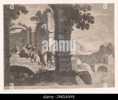 Adoration des Rois, Nicolas Perelle, d'après Cornelis van Poelenburch, 1640 - 1660 print Publisher : ParisFrance papier gravure paysage avec ruines. Adoration des rois : les Sages présentent leurs dons au Christ-enfant (or, encens et myrrhe) Banque D'Images