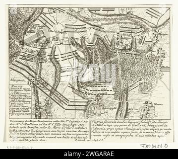 Bataille de Malplaquet, 1709, 1709 imprimer carte de la bataille de Malplaquet entre les alliés sous le duc de Marlborough et le prince de Savoie et les Français, 11 septembre 1709. Avec des légendes en néerlandais et en latin. Fragment d'un grand album avec neuf représentations d'événements de l'année 1709 de la guerre de succession d'Espagne. Imprimeur : Northern Netherlandspublisher : Amsterdam papier gravure cartes des villes. Siège, position guerre Malplaquet Banque D'Images