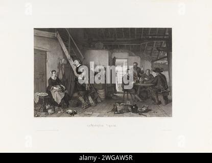 Herberg intérieur, Johann Heinrich Maria Hubert Rennefeld, après Lambertus Lingeman, 1870 impression dans un départ d'une auberge désordonnée, quatre hommes boivent et jouent à une table. Au premier plan, une femme cueille un canard en parlant à un homme. Son pied repose sur un ragoût. Amsterdam papier gravure / gravure hôtel, hôtellerie, auberge. oiseaux aquatiques : canard. jeux de société Banque D'Images