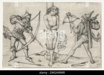 Saint Sebastiaan avec des archers, maître du cabinet d'Amsterdam, 1475 - 1480 print Sebastiaan attaché à la colonne, deux archers se préparent à tirer. Allemagne papier point sec martyre, souffrance, malheur, mort de St. Sebastian Banque D'Images