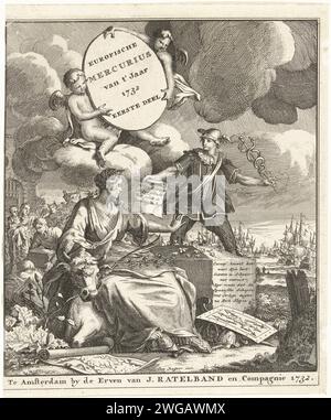 Page de titre pour l'Europische Mercury de 1732, 1732 print page de titre pour l'Europische Mercurius, pour l'année 1732. Mercure montre à l'Europe le document qui promet la paix sur la zone côtière nord-africaine qui était connue sous le nom de «Barbaria» à l'époque. Imprimeur : Northern Netherlandspublisher : Amsterdam papier gravure / gravure Afrique du Nord Banque D'Images