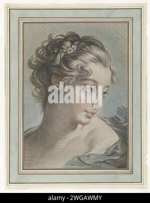 Buste d'une jeune femme, Louis Marin Bonnet, d'après François Boucher, 1767 - 1768 print papier France. stylo papier adolescent, jeune femme, jeune fille (+ vue de trois quarts) Banque D'Images