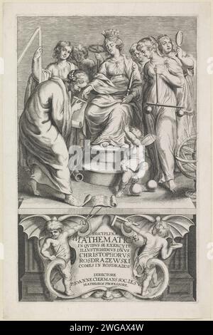 Personnification des mathématiques, anonyme, 1640 - 1648 imprimer la personnification couronnée des mathématiques est sur une élévation et garde un sceptre dans sa main. Il y a d'autres personnifications autour d'elle, y compris la géométrie avec un passant et la sagesse avec miroir. Au bas d'un cartouche intitulé flanqué de deux putti. Page de titre pour une thèse mathématique. Gravure sur papier du sud des pays-Bas 'Mathematica' ; 'Mathematica' (Ripa). Prudence, 'Prudentia' ; 'Prudenza' (Ripa)  l'une des quatre vertus cardinales Banque D'Images