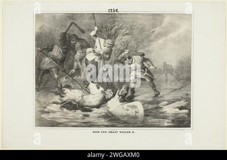 Le comte Willem II tombe à travers la glace à Hoogwoud, 1256, 1853 - 1855 print le comte Willem II coule à Hoogwoud à travers la glace du Berkmeer et est tué par les Frisons occidentaux, le 28 janvier 1256. Le dénombrement en harnais coule à travers la glace et est battu à mort par des fermiers sauvages armés de bates, lances et dorslegel. Journal néerlandais mort violente, être tué ; être maltraité et maltraité ; chercher la mort. Tentative, meurtre politique High Forest Banque D'Images