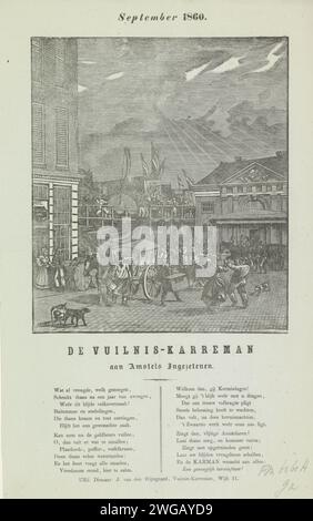 Foire des éboueurs d'Amsterdam pour l'année 1860, Dirk Wijbrand Tollenaar, 1860 imprimer KermisStrent des éboueurs d'Amsterdam pour l'année 1860. Vue à la foire au Botermarkt avec le Oude Waag. Deux chariots à ordures sur le marché. Avec poème en deux colonnes. De la poubelle carman dans le quartier N°21 : J. van den Wijngaard. Rue d'impression typographique papier Amsterdam. Collecte des ordures Amsterdam. Botermarkt. Waag sur le Botermarkt Banque D'Images