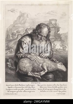 Juin : un berger rase un mouton, Jonas Suyderhoef, d'après Joachim von Sandrart (I), 1645 imprimer un vieux berger rase un mouton qui repose avec les jambes sur ses genoux. En arrière-plan un paysage avec des bâtiments et des bergers avec leurs moutons. Dans le ciel la constellation du homard. Sous le spectacle un verset en latin de deux fois quatre lignes. Amsterdam gravure sur papier juin ; 'Giugno' (Ripa). Juin et ses 'labours'. tonte (mouton). Cancer (signe zodiacal de juin) Banque D'Images