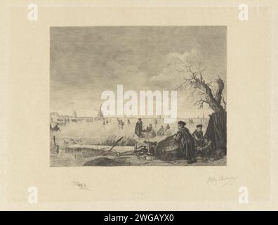 Divertissement sur glace et chasseurs de canards, Willem Steelink (II), d'après Arent Arentsz, 1888 - 1891 impression sur un lac gelé est patiné et conduit avec un traîneau. Au premier plan quelques personnages à une tente qui sont impliqués dans la capture de canards. Il y a des pièges dans l'eau et il y a quelques canards morts sur le côté. Un homme se penche sur un grand panier. En bas à gauche dans la marge un blason sur une branche avec des feuilles. Pays-Bas papier gravure jouant avec la neige et la glace. Traîneau, traîneau (sports d'hiver). patins (sports d'hiver). moulin à vent. oiseaux aquatiques : canard. leurre de canard (+ variante) Banque D'Images