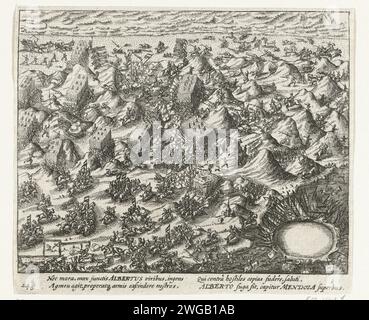 De bataille de Nieuwpoort, 1600, 1613 - 1615 imprimer la bataille de Nieuwpoort, 2 juillet 1600. Combats sur la plage et dans les dunes entre l'armée de l'Etat sous Maurits et les troupes espagnoles sous Albrecht. En bas à droite un cartouche vide décoré des bannières espagnoles. Avec légende de 4 lignes en latin. Numéroté 248. Imprimé sur verso avec texte en latin. Bataille de gravure sur papier du nord des pays-Bas (+ forces terrestres) Nieuwpoort (Belgique) Banque D'Images