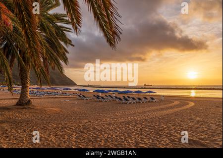 Explorez la plage sereine de Las Teresitas avec ses sables dorés du Sahara, nichée par les montagnes luxuriantes d'Anaga à Tenerife, et le charmant village de San Andrés. Banque D'Images