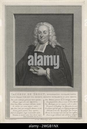 Portrait de Jacobus de Groot, Pieter Tanjé, d'après Jan Maurits Quinkhard, 1750 - 1752 print Portrait de Jacobus de Groot, pasteur à Utrecht, avec une Bible à la main. Sous le portrait, un verset de huit lignes en latin et en néerlandais. Imprimeur : Amsterdampublisher : gravure sur papier Utrecht / gravure Banque D'Images