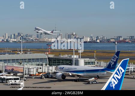 Tokyo, Japon – 20 novembre 2023 : avion de Japan Airlines décollant de l'aéroport de Tokyo Haneda avec le Tokyo Skytree et les gratte-ciel en arrière-plan. Banque D'Images