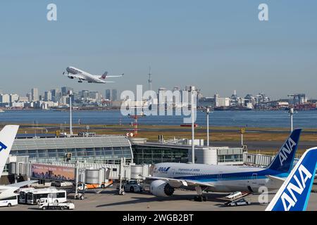 Tokyo, Japon – 20 novembre 2023 : avion de Japan Airlines décollant de l'aéroport de Tokyo Haneda avec le Tokyo Skytree et les gratte-ciel en arrière-plan. Banque D'Images