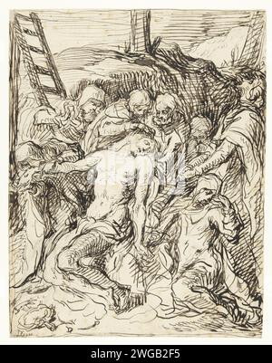 Evidemment du Christ, Jacques de Gheyn (ii), 1620 - 1625 dessin tiré de la croix, le Christ est soutenu par Joseph d'Arimathie. Deux femmes lui tiennent les mains percées ; Une troisième femme, le regarde de bas, pleure et lui serre les mains. Jean le Baptiste avec sa tête jetée à droite regarde vers le haut. Verso : la même scène avec divers changements pour que la relation entre le Christ et les femmes qui pleurent ait changé. papier. Lamentation à la plume d'encre sur le Christ mort par ses parents et amis (Christ généralement sans couronne d'épines) Banque D'Images