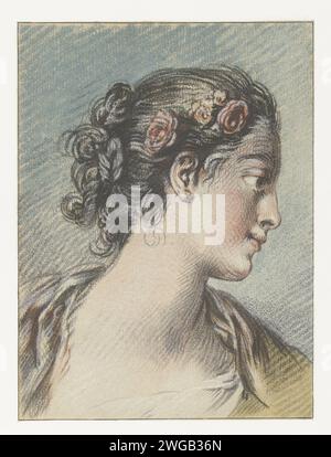 Buste d'une jeune femme, Louis Marin Bonnet, d'après François Boucher, 1768 - 1769 buste imprimé d'une jeune femme avec des fleurs dans les cheveux. France papier adolescente, jeune femme, jeune fille Banque D'Images