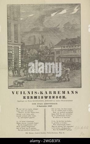 KermisStrent des ordures ménagères d'Amsterdam pour l'année 1847, Dirk Wijbrand Tollenaar, 1847 print KermisStrent des ordures ménagères d'Amsterdam pour l'année 1847. Vue à la foire au Botermarkt avec le Oude Waag. Deux chariots à ordures sur le marché. Avec poème en deux colonnes. De la poubelle carman dans le quartier N ° 20 : Frederik Boniskie. Rue d'impression typographique papier Amsterdam. Collecte des ordures Amsterdam. Botermarkt. Waag sur le Botermarkt Banque D'Images