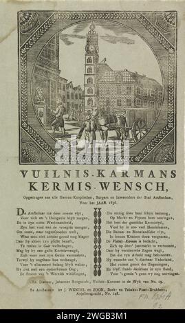 KermisStrent des Garbage Collectors d'Amsterdam pour l'année 1836, Anonymous, 1836 print KermisStrent des Garbage Collectors d'Amsterdam pour l'année 1836. Spectacle rond à l'intérieur du bord octogonal avec un visage au Munt à Amsterdam où un homme avec un rattel se tient devant un camion à ordures. Un autre homme lève de l'argent dans une maison. Avec poème en deux colonnes. De la poubelle carman dans le quartier N ° 19 : Johannes Bongaards. Rue d'impression typographique papier Amsterdam. Collecte des ordures Amsterdam. pièce de monnaie Banque D'Images