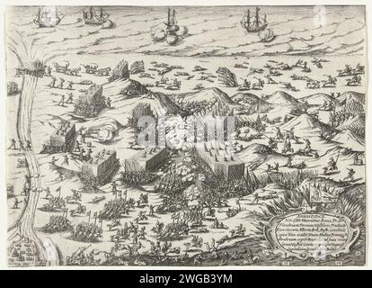 De bataille de Nieuwpoort, 1600, 1613 - 1615 imprimer la bataille de Nieuwpoort, 2 juillet 1600. Combats sur la plage et dans les dunes entre l'armée de l'Etat sous Maurits et les troupes espagnoles sous Albrecht. En bas à droite un cartouche avec du texte latin décoré avec des bannières espagnoles. Bataille de gravure sur papier des pays bas (+ forces terrestres) Nieuwpoort (Belgique) Banque D'Images