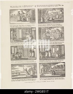 Deez 'print vous montre le début de l'être humain sur la nature, / quand l'enfance déjà, un millier' jammm'ren (...), veuve C. Kok -van Kolm, 1800 - 1850 print feuille avec huit représentations de l'enfance. Un verset bidirectionnel sous chaque image. Env. 1800-1850. Numéroté en haut à droite : n° 14. Imprimeur : Amsterdamprint Maker : impression typographique sur papier néerlandais grandissant. jeux et jeux pour enfants Banque D'Images