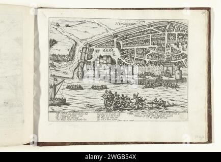 Échec de l'attaque sur Nimègue, 1589, 1589 - 1591 imprimer échec de l'attaque sur Nimègue, 10 août 1589. Martin Schenck se noie dans le Waal. Épisode de la guerre de Cologne. Avec légende de 8 lignes en allemand et 3 lignes en français. Non numéroté. Gravure de papier de Cologne noyée, naufragé Nijmegen Banque D'Images