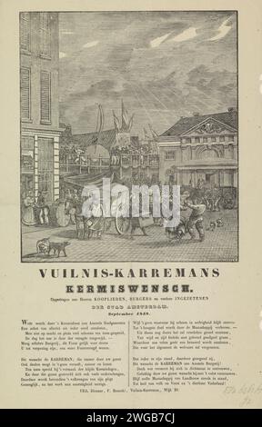 KermisStrent des ordures ménagères d'Amsterdam pour l'année 1848, Dirk Wijbrand Tollenaar, 1848 print KermisStrent des ordures ménagères d'Amsterdam pour l'année 1848. Vue à la foire au Botermarkt avec le Oude Waag. Deux chariots à ordures sur le marché. Avec poème en deux colonnes. De la poubelle carman dans le N ° 20 : F. Boneskie district. Rue d'impression typographique papier Amsterdam. Collecte des ordures Amsterdam. Botermarkt. Waag sur le Botermarkt Banque D'Images