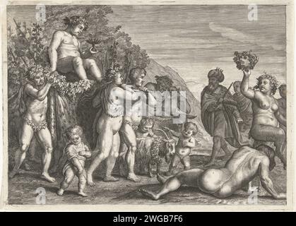 Triomphe de Bacchus, Petrus Clouwet (peut-être), d'après Petrus Clouwet, 1677 estampe l'estampe représente une fable des métamorphoses (3 : 8). Une procession de putti, bacciens et saters portent le dieu du vin Bacchus sur une chaise berline. Le Silenus ivre est également présent, conduisant sur un âne et soutenu par un sater. Au premier plan de l'estampe, un des Maenaden vomit. Dans le fond de l'estampe le roi Penthée de Thèbes, le cousin de Bacchus, qui interdit à ses sujets d'adorer Bacchus. Imprimeur : Antwerpafter design by : Antwerppublisher : Brussels Paper graving Pentheus résiste à Th Banque D'Images