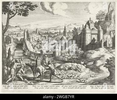 Paysage avec l'emblème sur le culte de l'idole de ISIS, Johann Sadeler (I), d'après Hans bol, 1595 - 1600 imprimer paysage vallonné avec une ville et les murs de la ville. À gauche au premier plan, certains fermiers adorent une image de la déesse femelle Isis qui est transportée sur un âne. À côté de l'âne se trouve un homme qui punit l'animal avec un fouet. L'âne pense que le peuple, au lieu d'Isis, l'adore. C'est l'imagination d'un emblème dans lequel la morale de l'histoire met en garde contre l'arrogance et l'honneur immérité. L'impression a une légende latine avec la légende de l'emblème non Tibi S. Banque D'Images